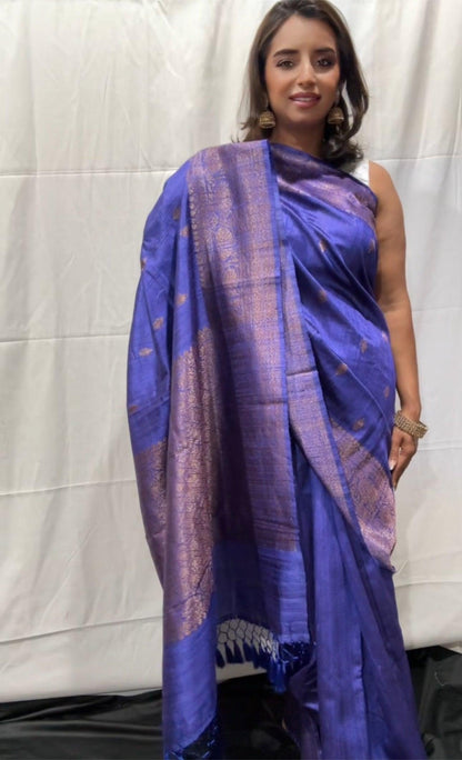 Pure Tussar Banarasi Handwoven Saree with floral blouse peice