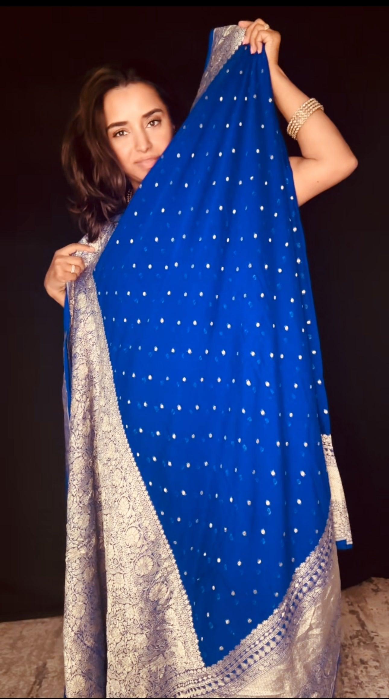 Electric Blue Banarasi Saree Pure Khaddi Georgette with Dual tone Zari