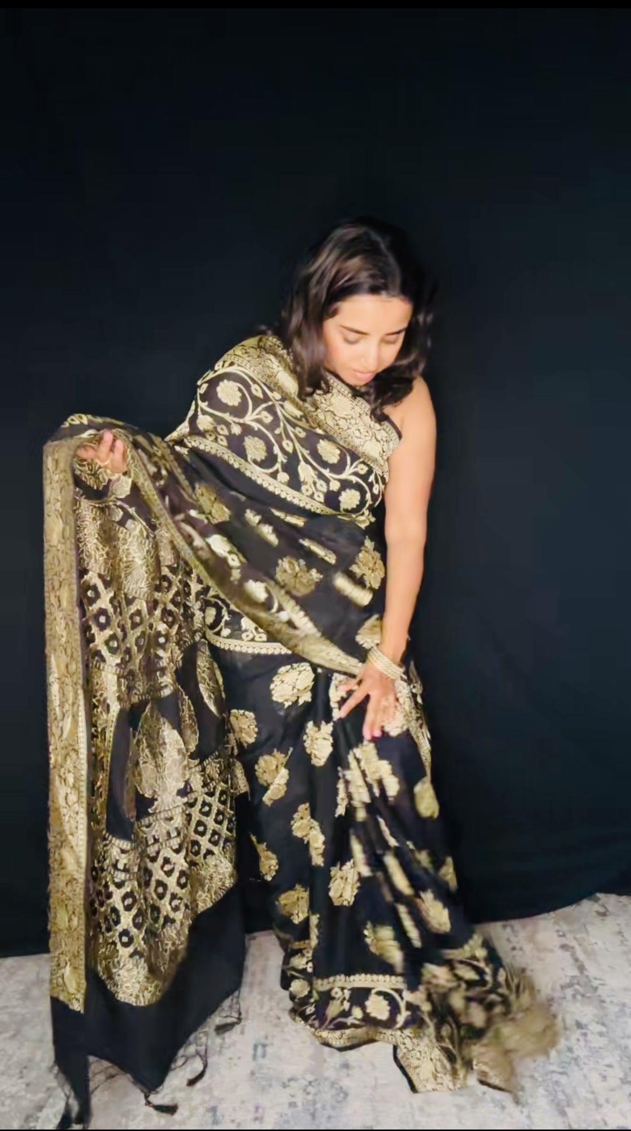 Black Banarasi Saree Pure Khaddi Georgette with Gold Zari