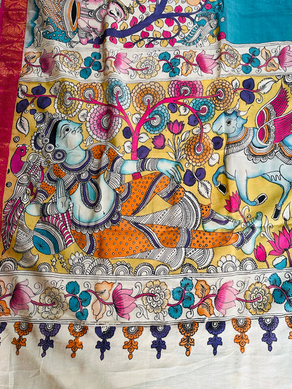 Pen Kalamkari with zari border in Silk - with silk Mark