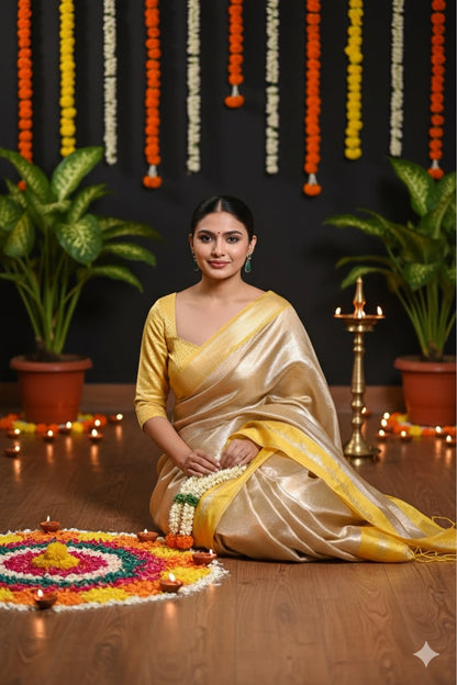 Aahana – The Golden Glow | Tissue Brocade Saree with Satin Border