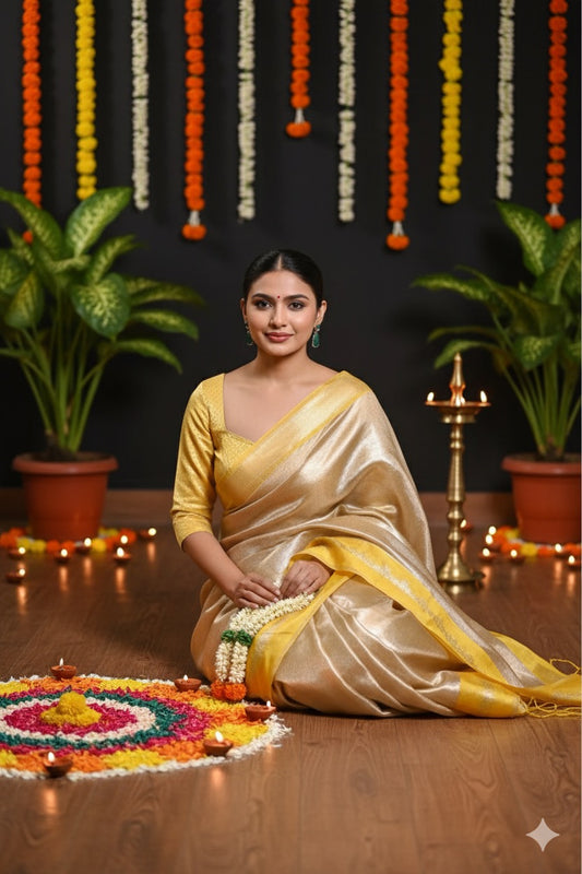Aahana – The Golden Glow | Tissue Brocade Saree with Satin Border