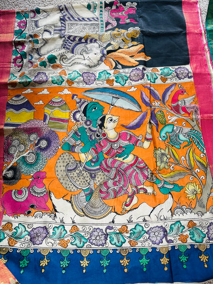 Pen Kalamkari with zari border in Silk - with silk Mark