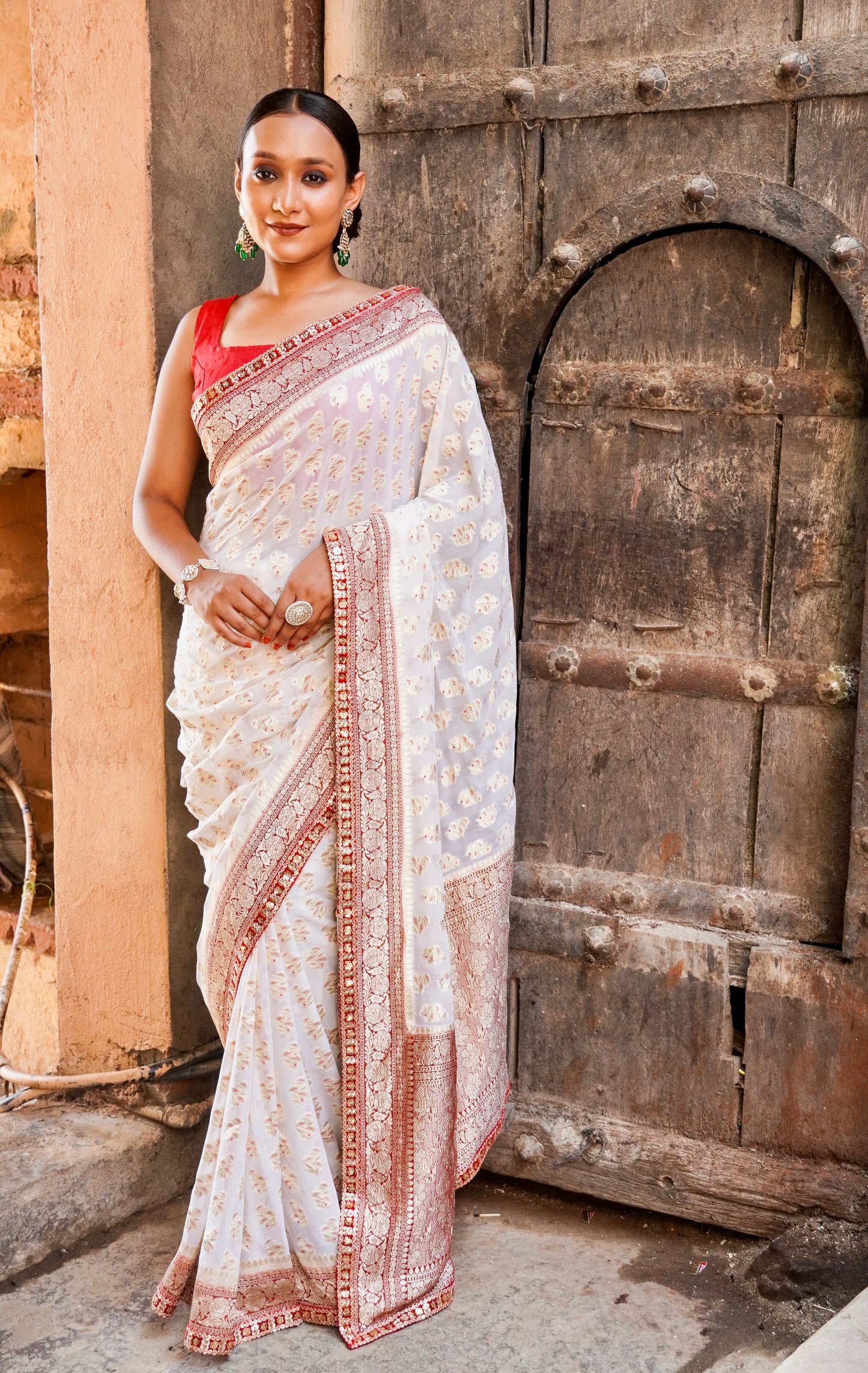 Durga Pooja Special Banarasi Saree Pure Khaddi Georgette in Meenakari with water zari and hand gotta patti