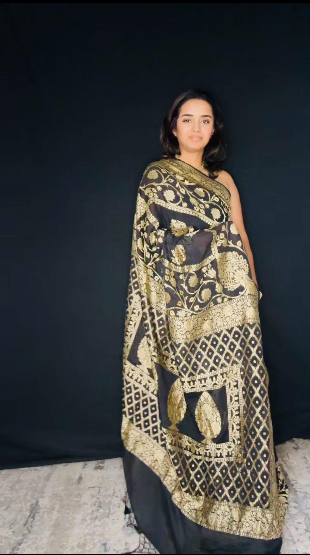 Black Banarasi Saree Pure Khaddi Georgette with Gold Zari