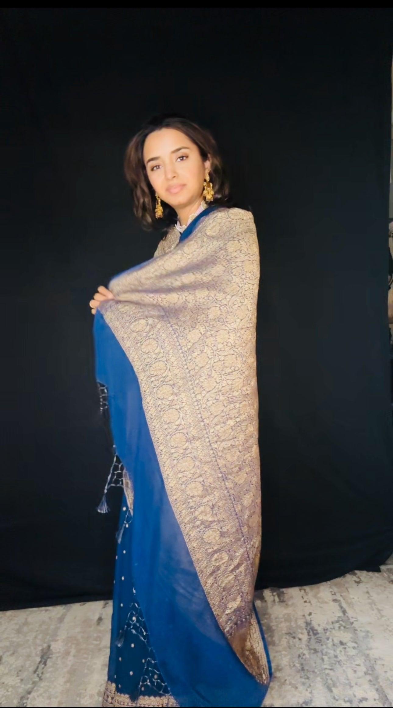 Greenish Blue Banarasi Saree Pure Khaddi Georgette with Antique Zari