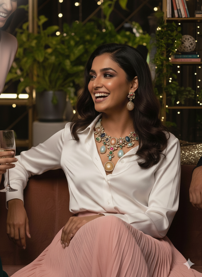 Royal Multicolor Lab-Grown Gemstone Jewelry Set | Statement Brass Necklace & Earrings | Bridal Jewelry | Indian Wedding Set | Festive Multigem Necklace