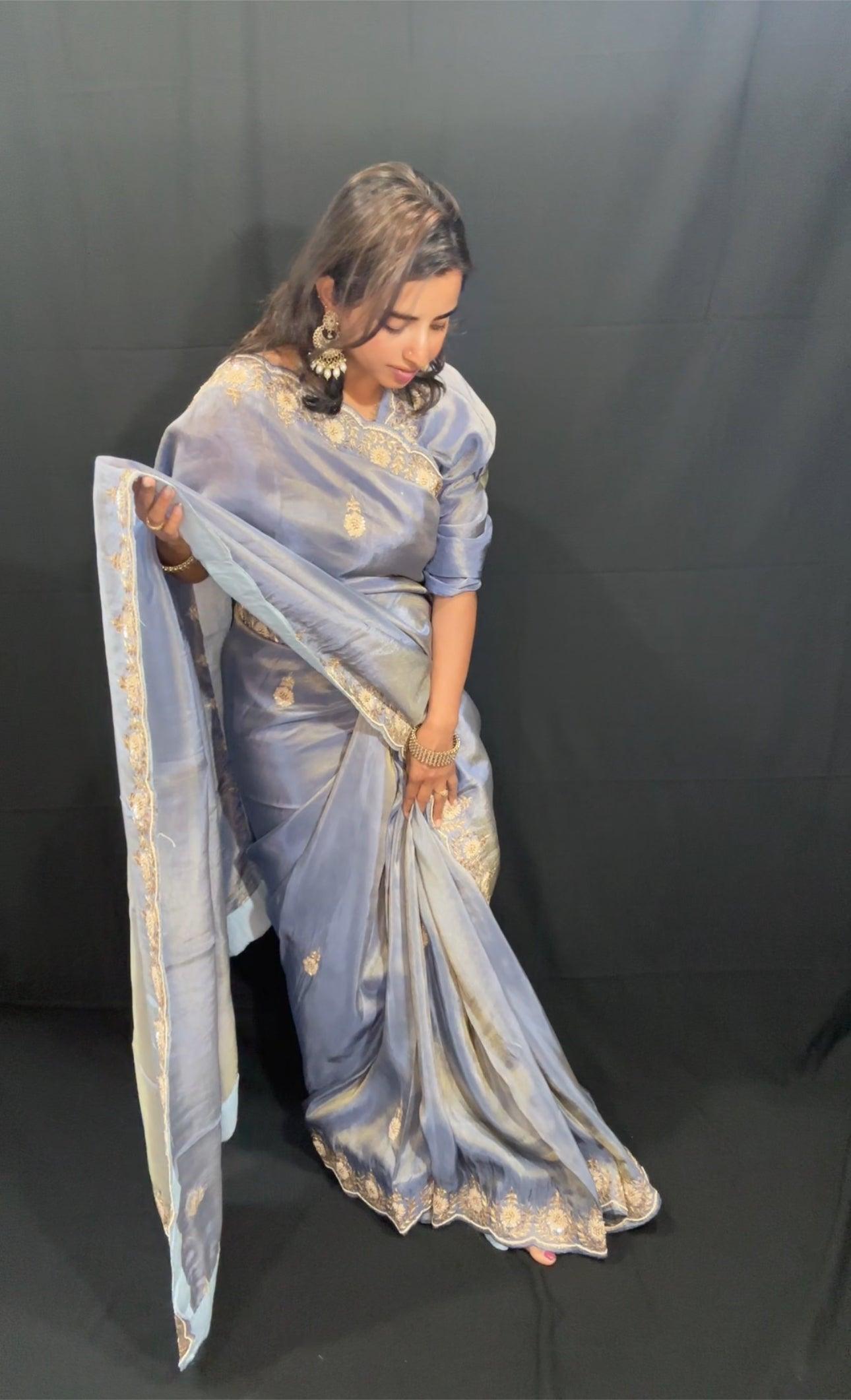 Pure Tissue Silk Saree with hand Zardozi work