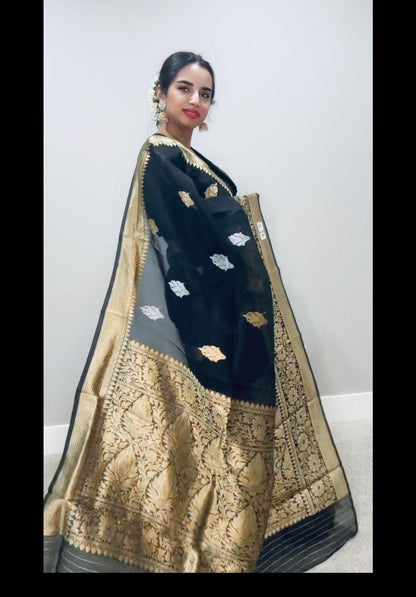 Pure Banarsi Kora Organza handwoven kaduwa saree - Sona Rupa Zari