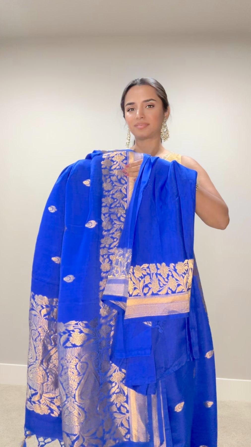 Banarasi Silk Saree Pure Mashru by Katan- Blue