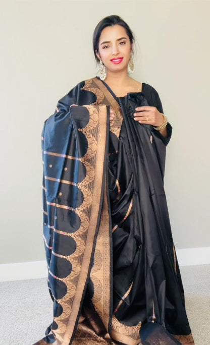 Exquisite Banarasi Handwoven Black Katan Silk Saree with Gold Zari Silk Mark Saree with blouse