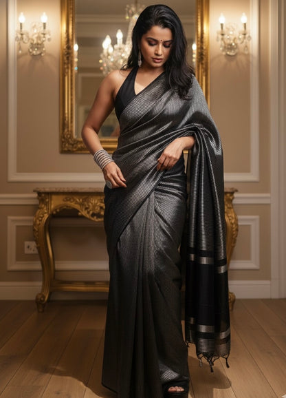 Noor Banarasi  Pure Tissue Silk  Handwoven  Saree with blouse fabric with silver Zari stripes