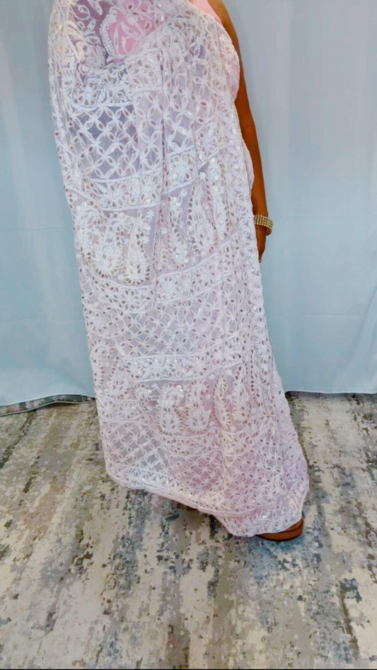 Authentic Hand Lucknowi Chikankari Full Jaal  with Gotta Patti  Georgette Saree Pastel Pink