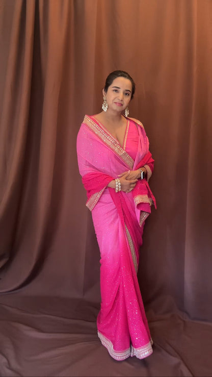 Pure Georgette Sequins  Sabyasachi Designer Saree - Pink with blouse fabric