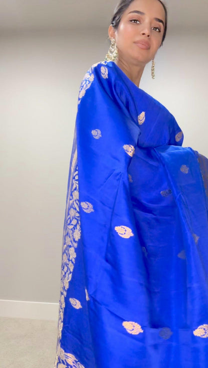 Banarasi Silk Saree Pure Mashru by Katan- Blue