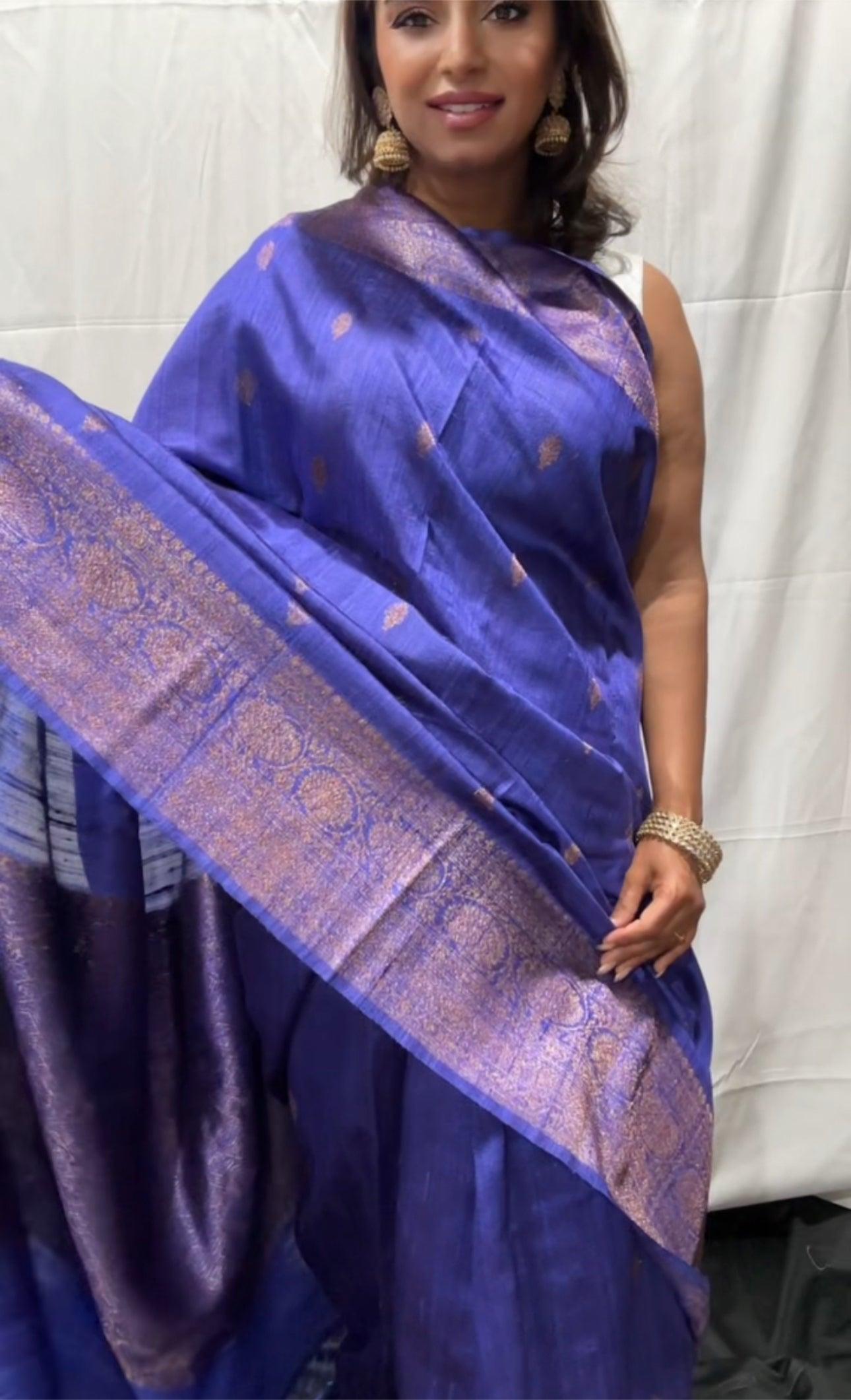 Pure Tussar Banarasi Handwoven Saree with floral blouse peice