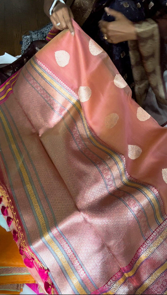 Pure Banarsi Kora by Katan handwoven kaduwa saree with Katan Silk Rangkart Border and Pallu- Gold Zari