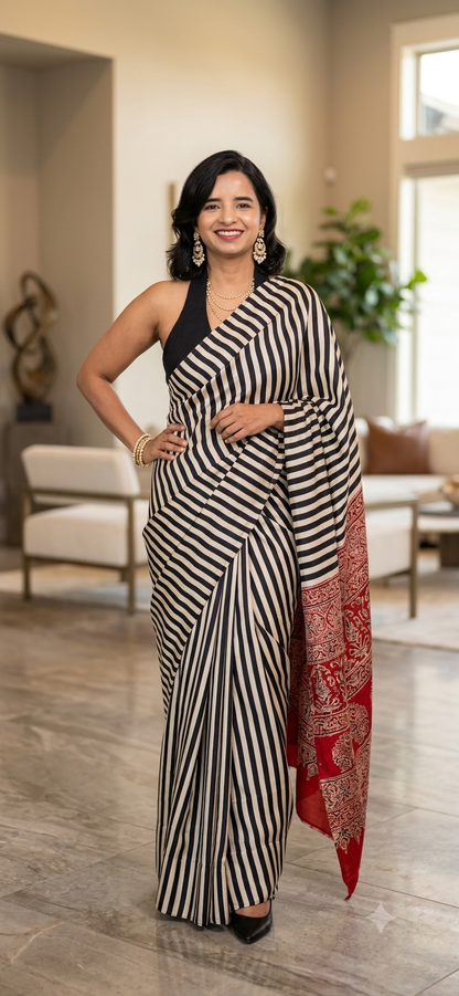 Pure Modal Silk Ajrak Saree with Hand Mirror Work Handcrafted Saree