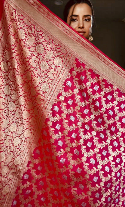 Banarasi Shikargah Pure Mulberry Katan Silk Saree with Sona and Rupa Zari