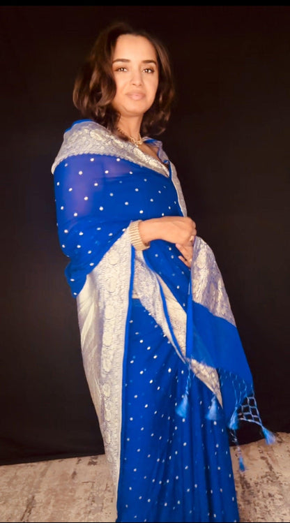 Electric Blue Banarasi Saree Pure Khaddi Georgette with Dual tone Zari