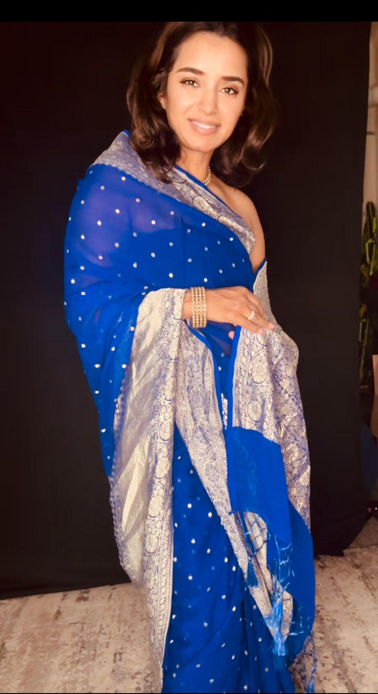 Electric Blue Banarasi Saree Pure Khaddi Georgette with Dual tone Zari