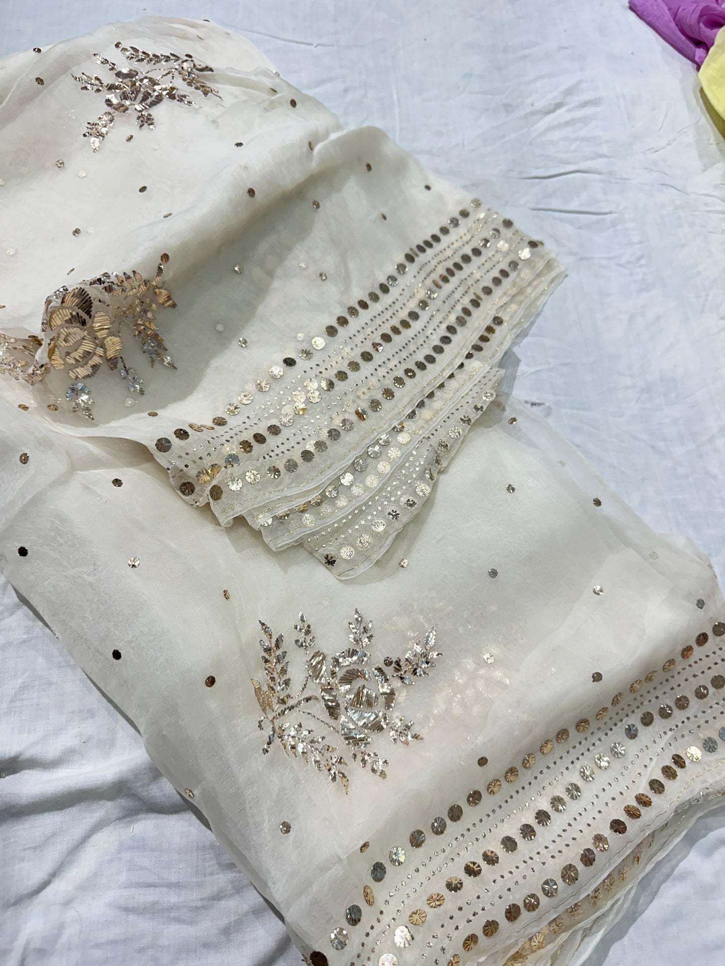 Authentic  Hand Lucknowi Chikankari organza saree with Mukesh