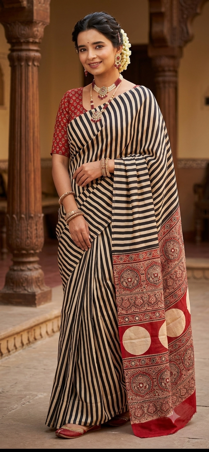 Pure Modal Silk Ajrak Saree with Hand Mirror Work Handcrafted Saree