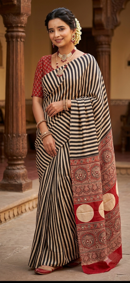 Pure Modal Silk Ajrak Saree with Hand Mirror Work Handcrafted Saree
