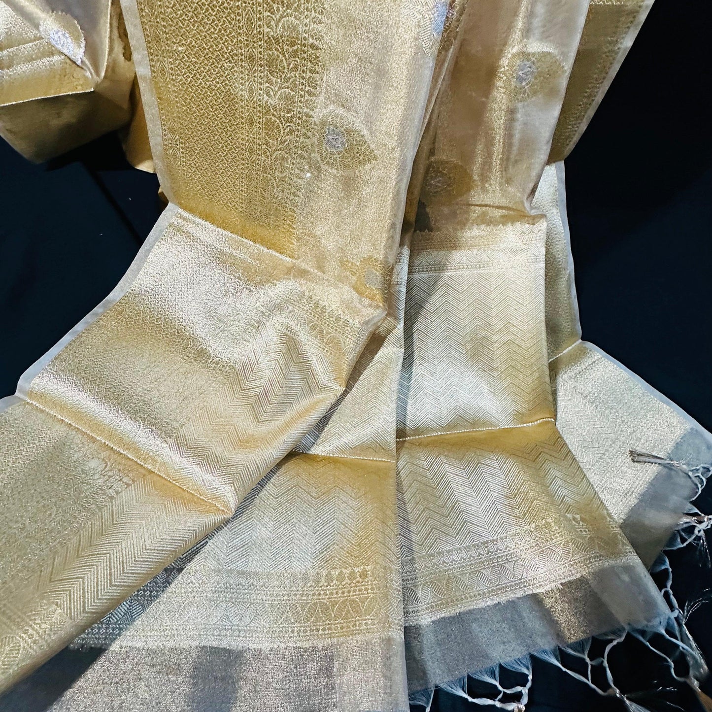 Banarasi Tissue Silk Saree with Regal Motiffs in Gold & Silver Zari