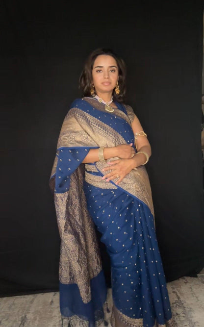 Greenish Blue Banarasi Saree Pure Khaddi Georgette with Antique Zari