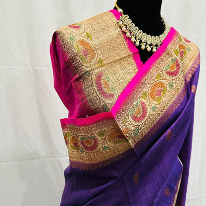 Pure Tussar Banarasi Handwoven Saree with hand brush rangkart