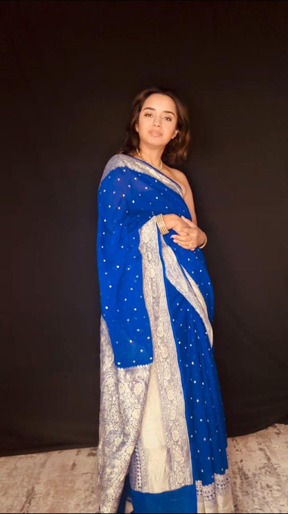 Electric Blue Banarasi Saree Pure Khaddi Georgette with Dual tone Zari