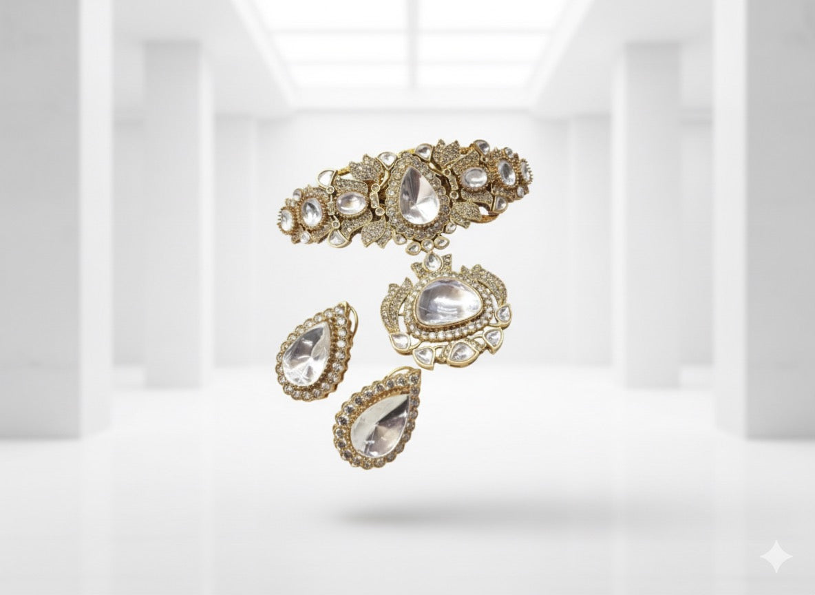 Doublet & Moissanite Heritage Necklace Set – Handcrafted Kundan Polki Necklace with Earrings | The Chic Tale Jewelry