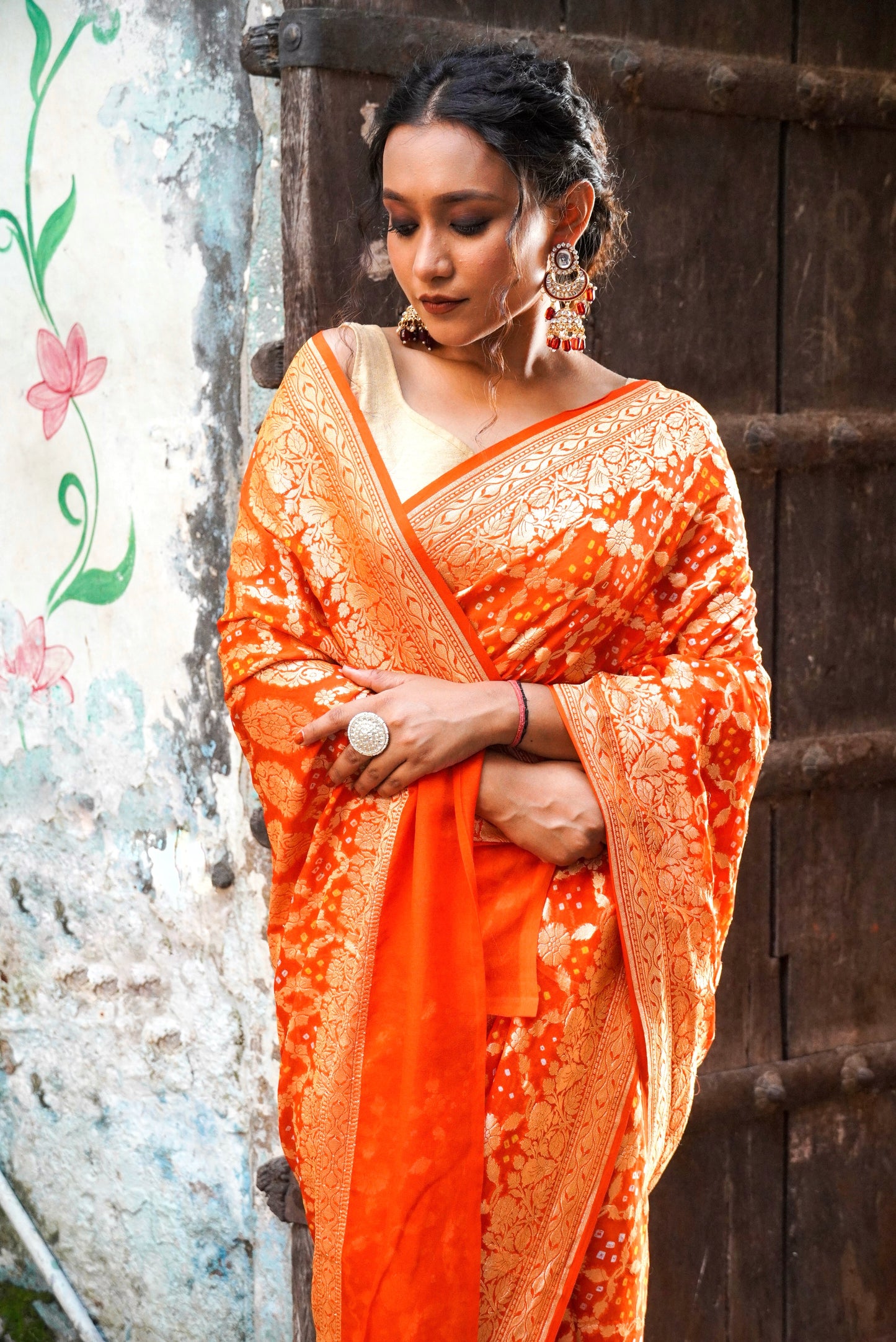 Hand Bandhej  Handloom Banarasi Saree in Pure Khaddi Georgette - see colors