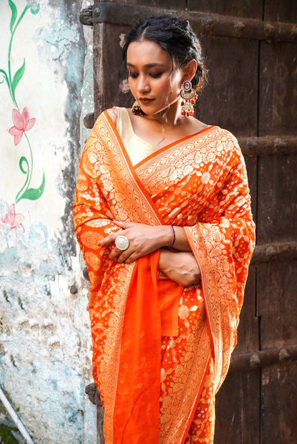 Hand Bandhej  Handloom Banarasi Saree in Pure Khaddi Georgette - see colors