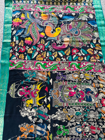 Pen Kalamkari with zari border in Silk - with silk Mark