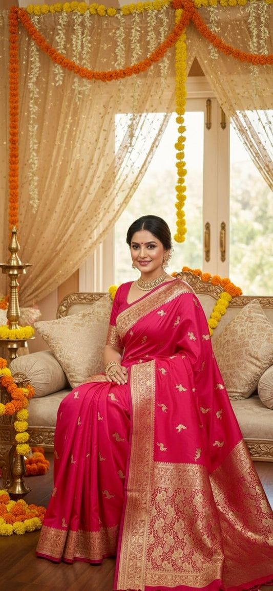Mashru Silk Banarasi Saree with Tanchoi Weave & Animal Motifs