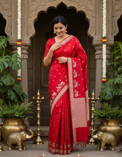 Handwoven Satin Silk Banarasi Saree with  Deer Family Motifs | Heritage Artisan Weave