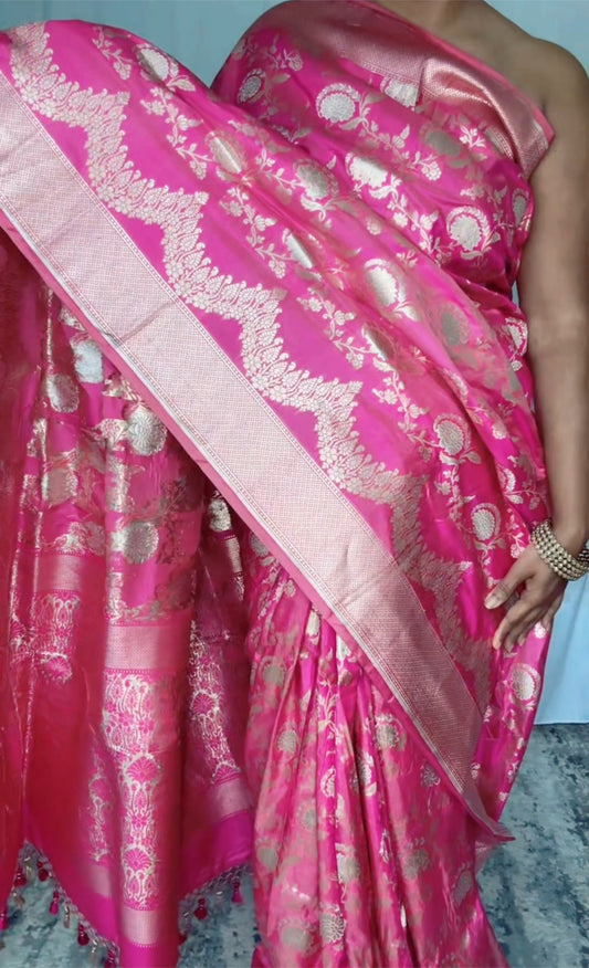 Exquisite  Handwoven Katan Silk Saree Dual Pink with sona rupa zari - Silk Mark certified