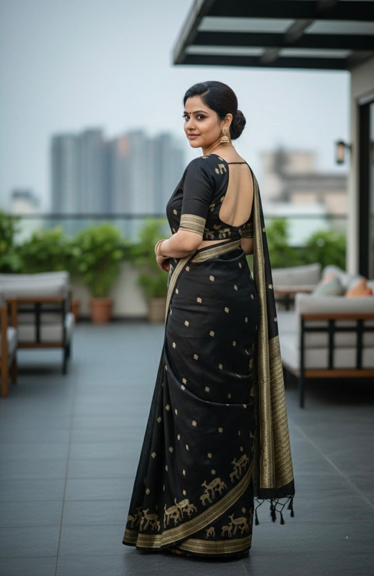 Handwoven Satin Silk Banarasi Saree with  Deer Family Motifs | Heritage Artisan Weave