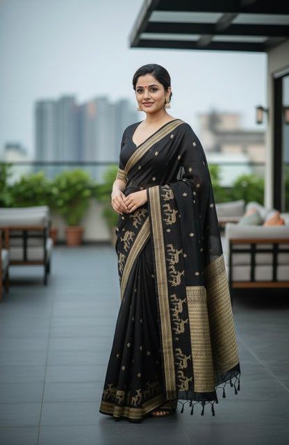 Handwoven Satin Silk Banarasi Saree with  Deer Family Motifs | Heritage Artisan Weave