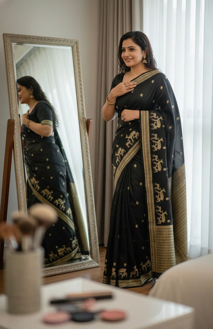 Handwoven Satin Silk Banarasi Saree with  Deer Family Motifs | Heritage Artisan Weave