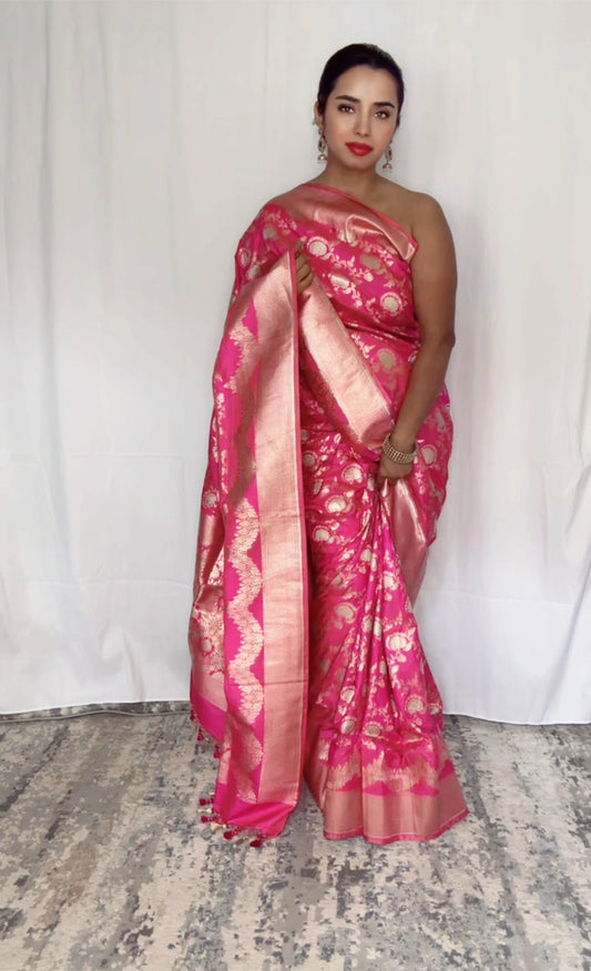 Exquisite  Handwoven Katan Silk Saree Dual Pink with sona rupa zari - Silk Mark certified