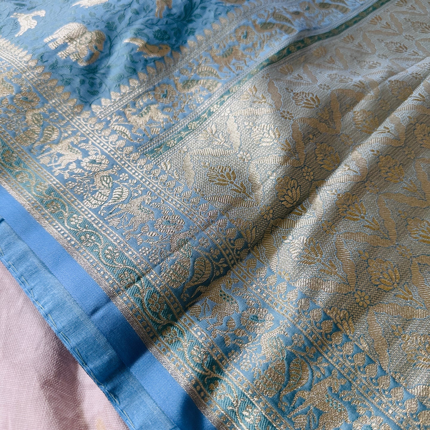 Mashru Silk Banarasi Saree with Tanchoi Weave & Animal Motifs