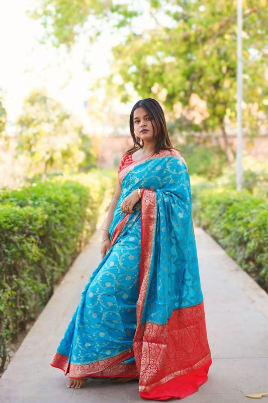 Blue & Red Banarsi Georgette Saree in contrast