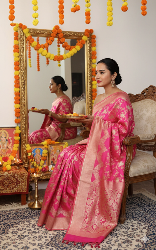 Exquisite  Handwoven Katan Silk Saree Dual Pink with sona rupa zari - Silk Mark certified