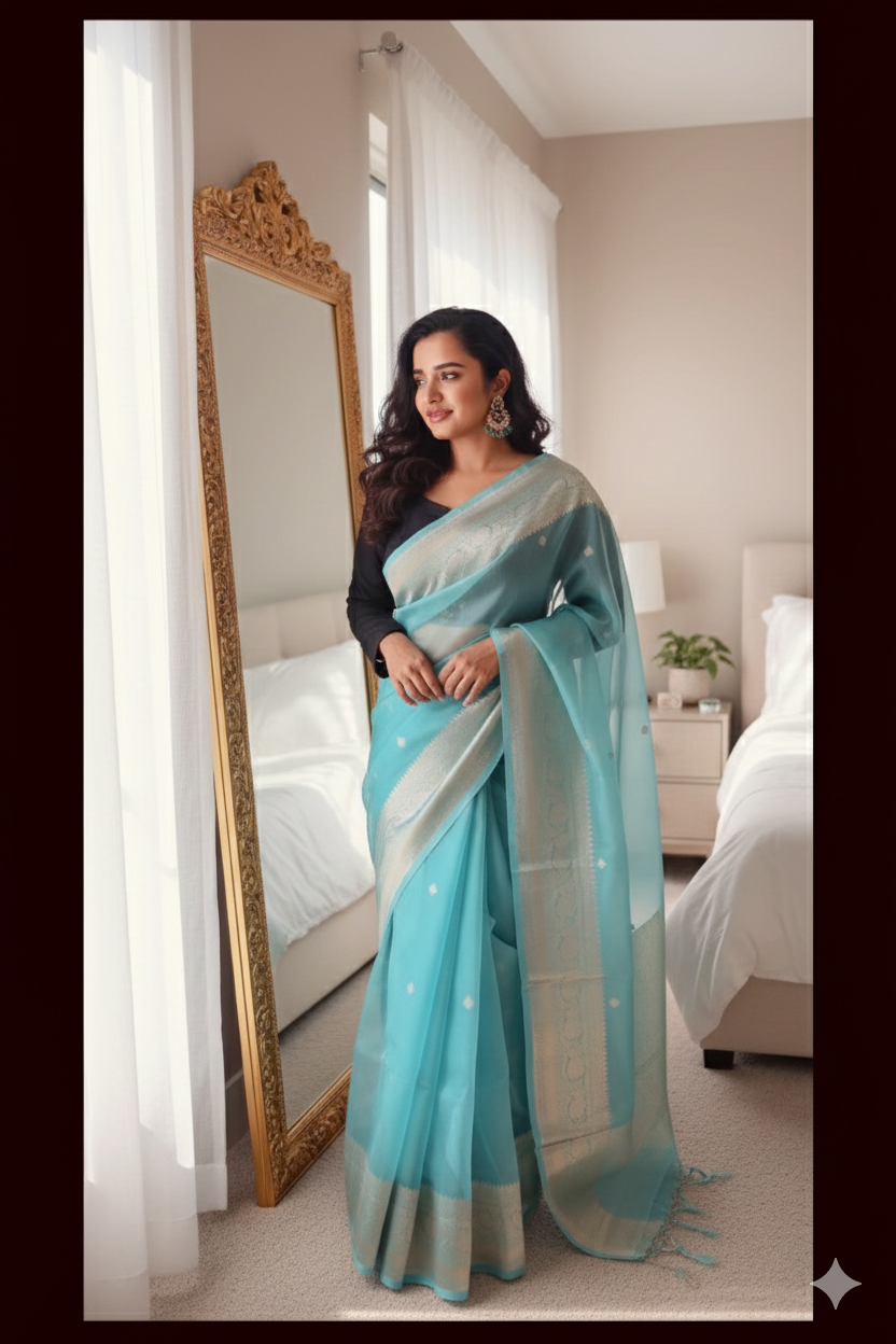 Banarasi Kora  Silk Saree Handwoven Sea Green Silk mark