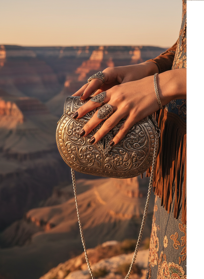 Handcrafted Metal Clutch with Intricate Engraving | Evening Statement Bag