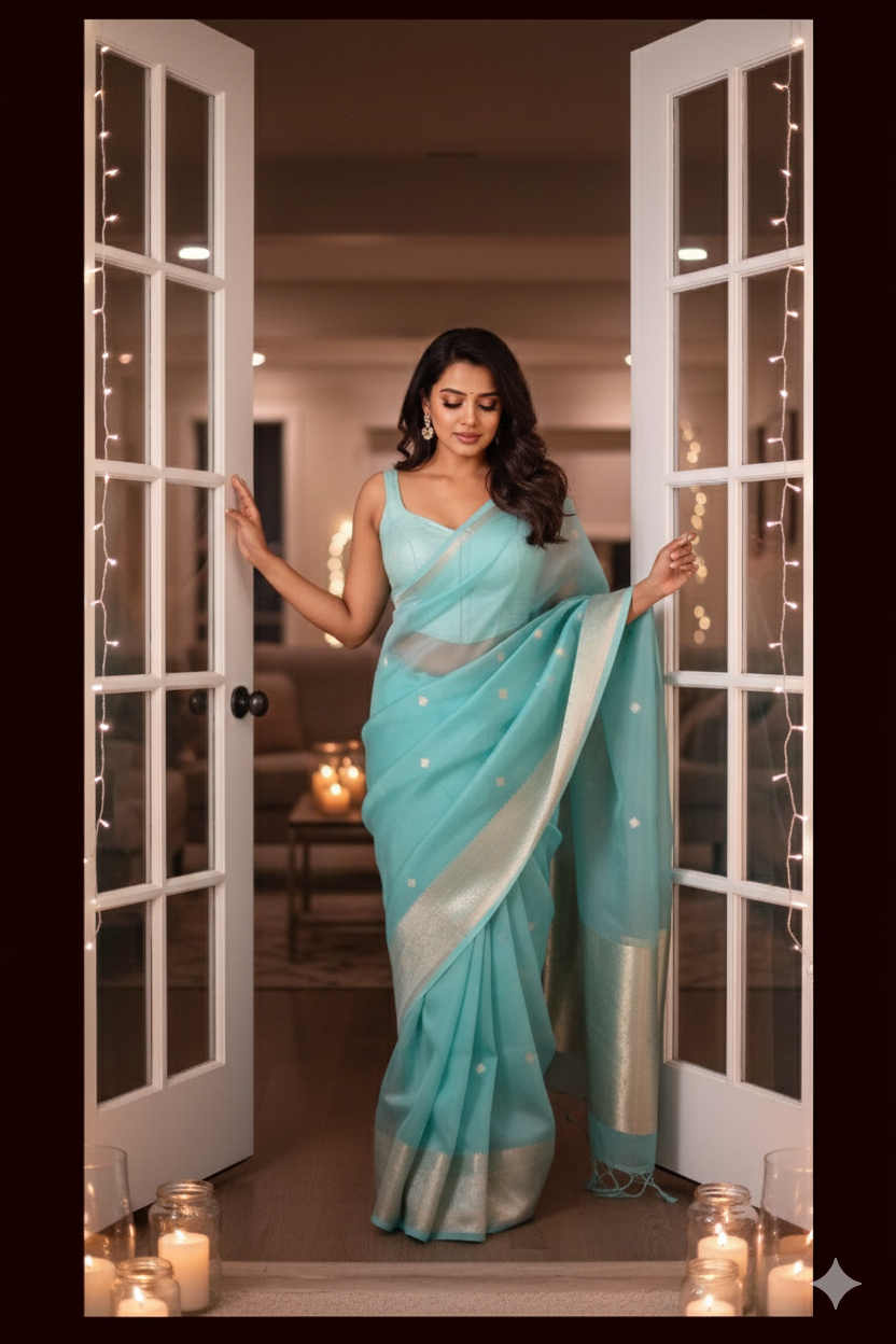 Banarasi Kora  Silk Saree Handwoven Sea Green Silk mark