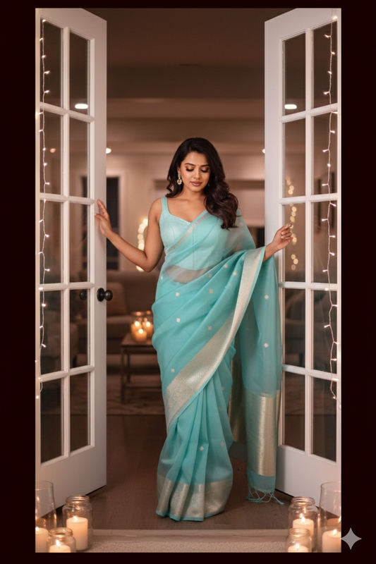 Banarasi Kora  Silk Saree Handwoven Sea Green Silk mark